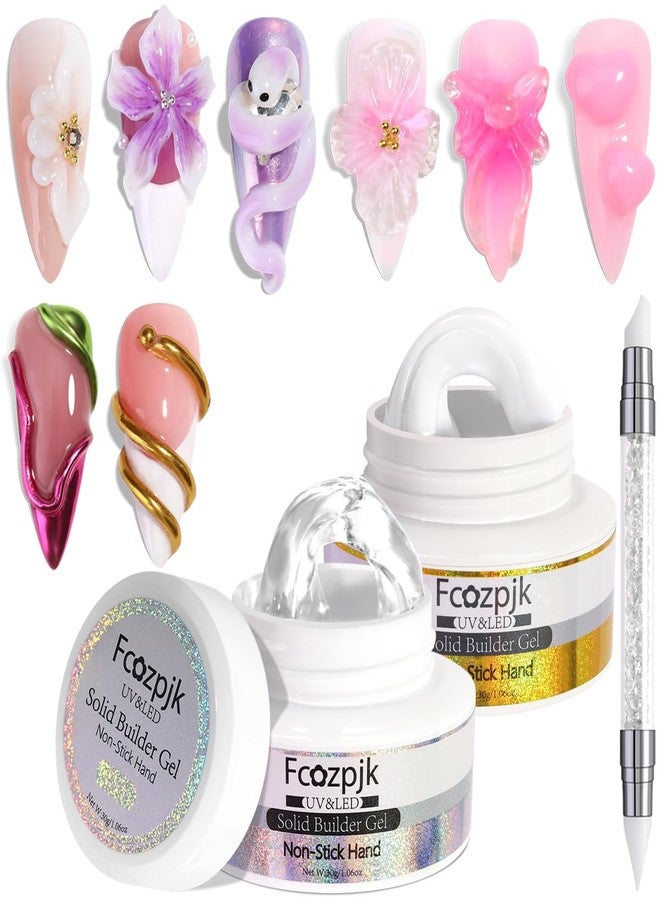 Fcozpjk Clear and White Solid Builder Gel for Nails, 2PCS 30g 3D Nail Art Gel Non-sticky Hand Hard Gels Sculpting Molding Embossed Flowers Design with Carving Pen DIY Home Manicure Salon Supplies - Image 1